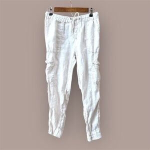 Nicole Miller New York 100% Linen cargo pants tie waist elastic ankle beach